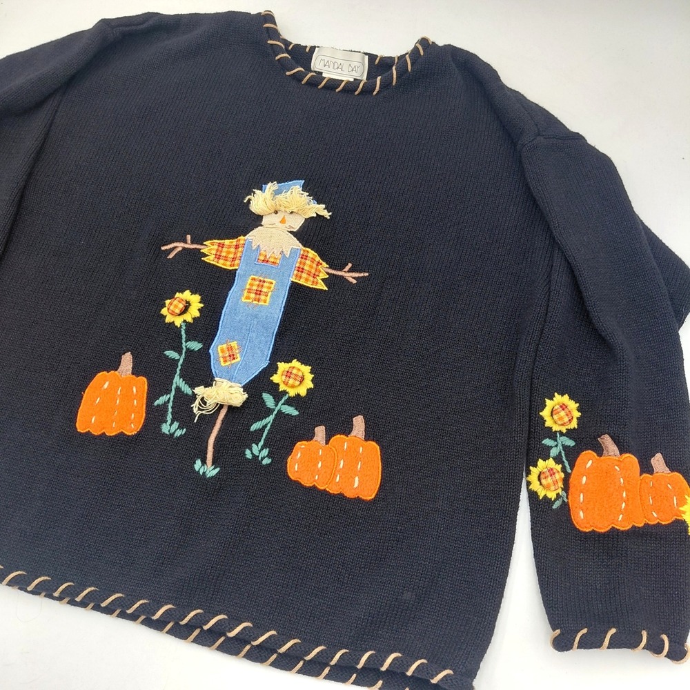 Vtg Mandal Bay Fall Scarecrow 3D Pumpkin Sunflower Knit Sweater Grandma Fun